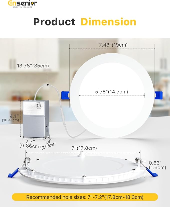 Ensenior 6 Pack 7 Inch LED Recessed Ceiling Light, Dimmable, 2700K-5000K 5CCT, 1300LM 15W 120V, High Brightness Canless Wafer Downlight