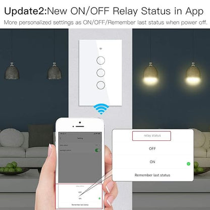 MoesGo 2nd Generation WiFi RF433 Smart Touch Wall Single Fire Smart Switch，No Neutral Wire Needed,Compatible with Smart Life/Tuya App, Works with Alexa and Google Home Single Pole 110V White 3 Gang