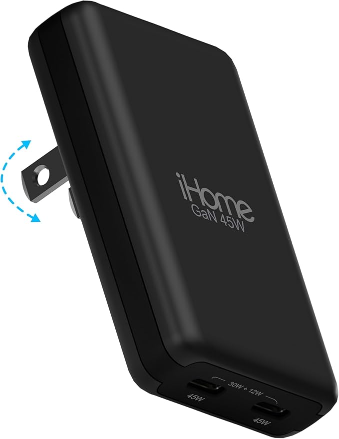 iHome GaN Universal Charger, USB C Block with Power Delivery, Folding Prongs, Travel Friendly, Compact for Phone, Tablet, and USB-C Devices (Black, 45W)