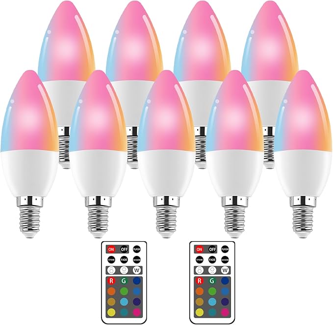 XRise E12 LED Bulb 3W Color Changing Candle Light (RGB + Warm White) 12 Colors, 3000K, Remote Control Included (2 Remote) Decorative Candle Lamp for Stage Home Decor,9 Pack