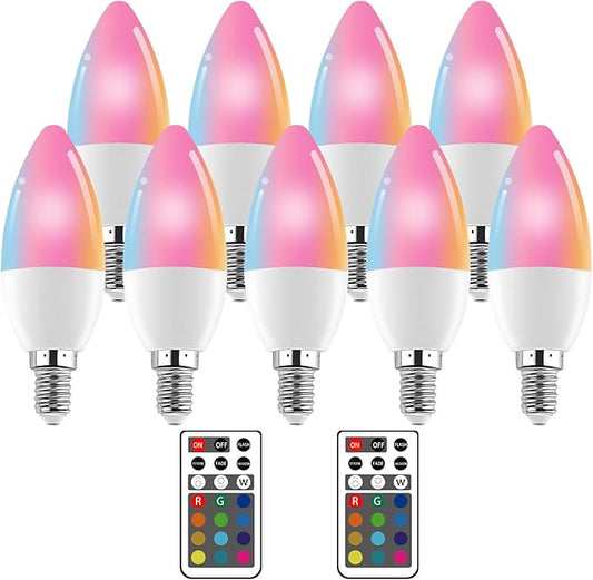 XRise E12 LED Bulb 3W Color Changing Candle Light (RGB + White) 12 Colors, 6000K, Remote Control Included (2 Remote) Decorative Candle Lamp for Stage Home Decor,9 Pack