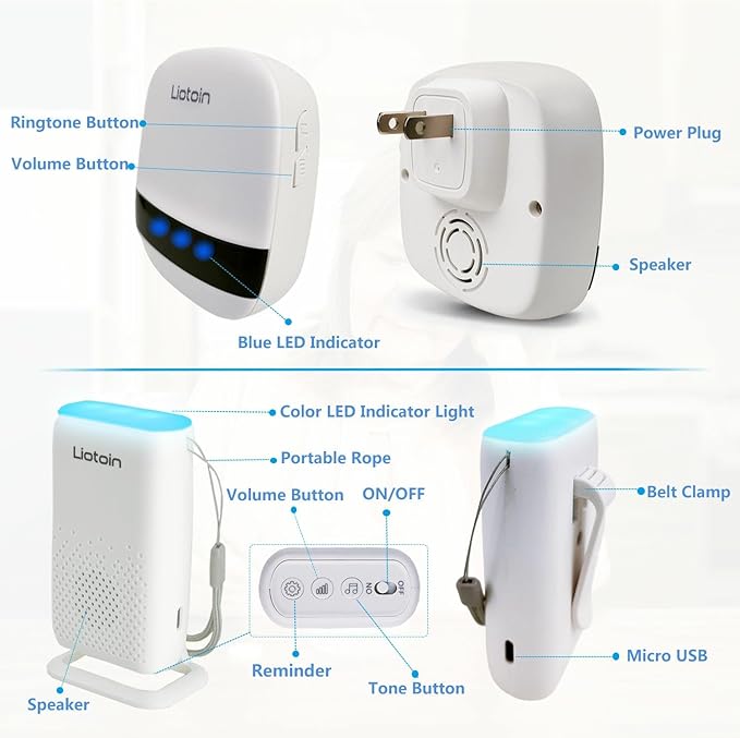 Wireless Caregiver Pager Call Button Alert Button Call Bell for Elderly Patients at Home Nurse Alert System 2 Waterproof Transmitters 1 Portable Receiver 2 plugin Receiver……
