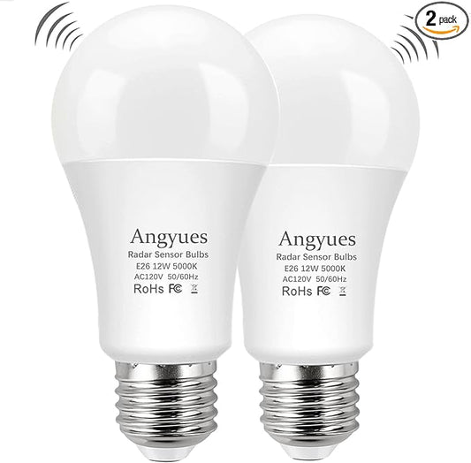 Radar Motion Sensor Light Bulb, Adjustable Detection Range 12W (100 Watt Equivalent) A19 Motion Sensing Outdoor Bulb Auto-Activated Dusk to Dawn LED Bulb, Daylight 5000K E26 1100LM, 2Pack