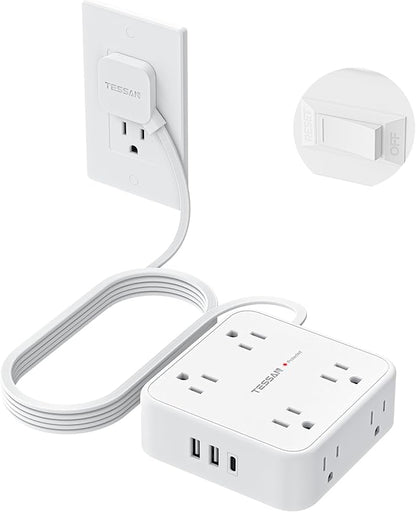 TESSAN Surge Protector Power Strip, 10 Ft Flat Plug Extension Cord with 3 USB (1 USB C) 8 Outlets, 1250W, 900J Protection, 3 Sided Outlet Extender with Power Switch for Office, Dorm Room, White
