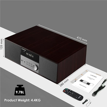 LONPOO Stereo Shelf System for Home, Vintage CD Player 40W RMS Micro Mini System with Remote Control, Bluetooth, FM Radio, USB MP3 Playback & Aux-in,Brown
