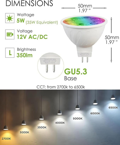 MR16 LED Bulb Color Changing MR16 Smart LED Bulb Wifi Color Changing Light Outdoor Compatible With Alexa Google Assistant, 16 Million Colors Rgbcw, 2.4Ghz Wifi & Bluetooth, Music Sync,4-Pack