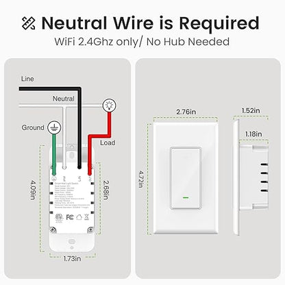 GHome Smart Switches for Lights, WiFi Smart Light Switch Works with Alexa and Google Home, Single-Pole, Neutral Wire Required, 2.4Ghz WiFi Light Switch with APP Control, No Hub Required, UL FCC Listed