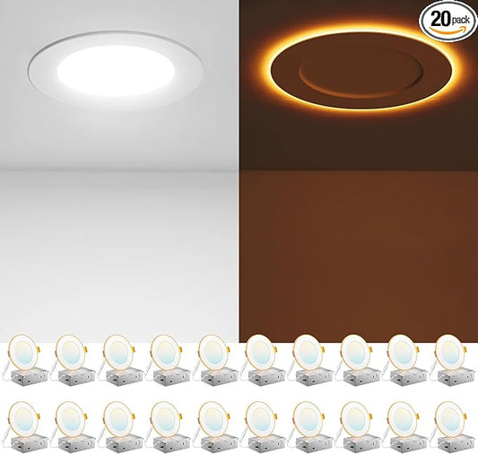 Amico 20 Pack 4 Inch 5CCT LED Recessed Ceiling Light with Night Light, 2700K/3000K/3500K/4000K/5000K Selectable Ultra-Thin Recessed Lighting, 10W=90W, 700LM, Dimmable Canless Wafer Downlight - ETL&FCC