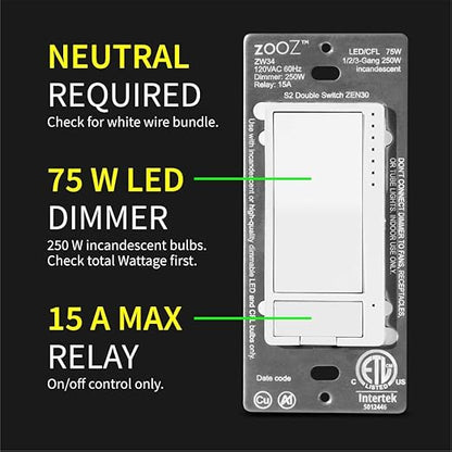 Zooz Z-Wave Long Range Double Switch (White) ZEN30 800LR for Fan and Light Combo (NO Speed Control), Hub Required (Works with Home Assistant, Hubitat, Wink, SmartThings, Z-Box Hub)