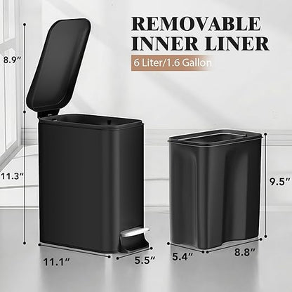 Small Bathroom Trash Can w/Lid Soft Close, 6 Liter/1.6 Gallon Stainless Steel Garbage Can w/Inner Bucket, Trash Bin Waste Basket for Kitchen, Bedroom, Living Room, Office, Toilet, Black
