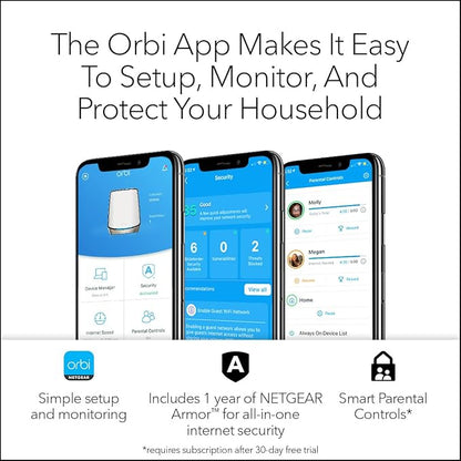 NETGEAR Orbi Tri-Band WiFi 6 Mesh Network System (RBK863S) – Router + 2 Satellite Extenders, Security Features, Up to 6Gbps, Up to 8,000 sq.ft., 100 Devices, 10 Gig Internet Port, Armor Subscription