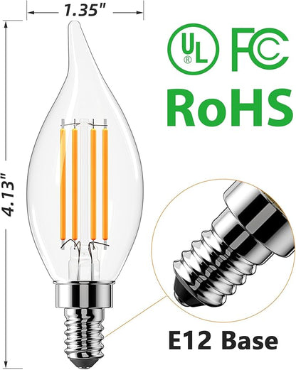 CYLYT Dimmable E12 Candelabra LED Light Bulbs 60 watt Equivalent, 2700K Warm White Chandelier Candle Bulb, 6W 650 Lumen Decorative Flame Tip Clear Bulbs, 12-Pack