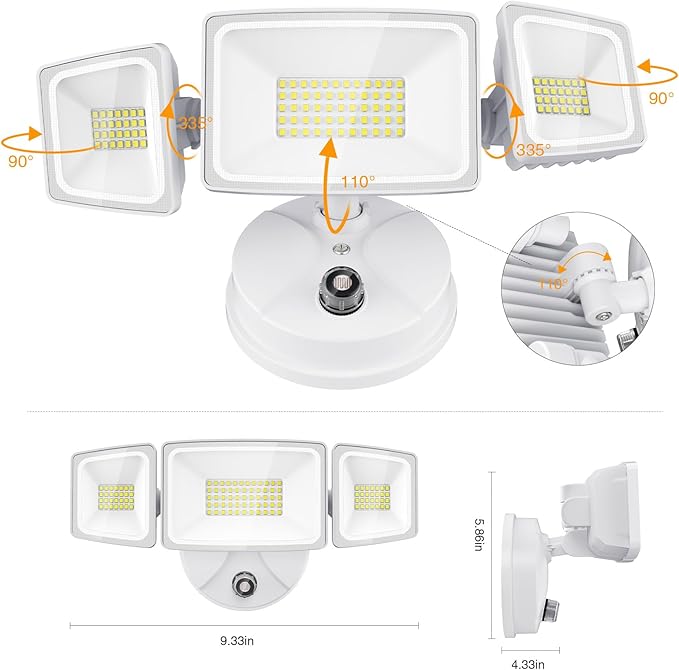Onforu 80W LED Dusk to Dawn Flood Lights,8000LM White Exterior Security Outdoor Lighting,IP65 Waterproof Outdoor 3 Adjustable Heads Photocell Light Fixture,6500K Floodlight for Garage,Patio,Yard