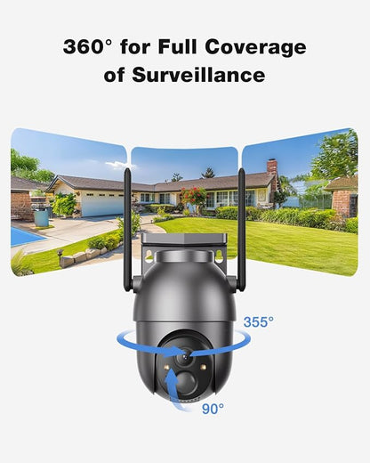 SEHMUA- 4MP Security Cameras Wireless Outdoor Home System, 2-Cam Kit, No Subscription & Solar Powered, Local Storage, 360°PTZ Surveillance, Color Night Vision, 5GHz & 2.4GHz Router Compatible