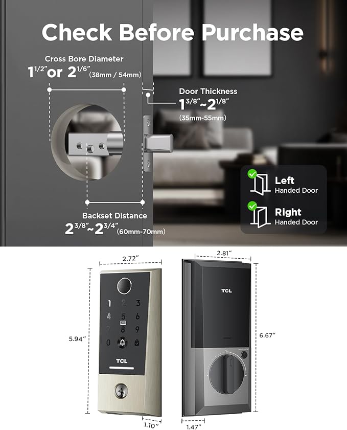 TCL Smart Lock D2 Plus, Keyless Entry Fingerprint Door Lock, Touchscreen Keypad Deadbolt Lock, Built-in Doorbell, Auto Lock, App Control, Alexa, Google Home Compatible, Easy Install for Front Door