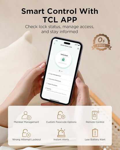 TCL Palm Vein Smart Lock D2 Pro, Wi-Fi Keyless Entry Deadbolt Door Lock, Built-in Doorbell, Key Fob, App Control, Auto Lock, Rechargeable Battery, Works with Alexa & Google Lock for Front Door