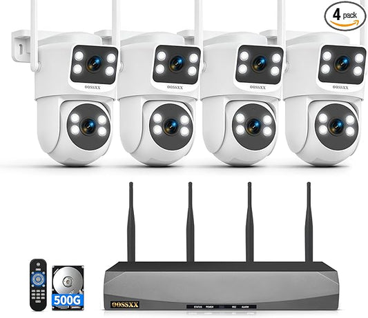 OOSSXX 2K Dual Lens PT Wireless Security Camera System, 2 Cameras in 1, 130° Wide Angle, Long Range WiFi +76%, PIR Human Detection, 2-Way Audio, 16CH NVR, No Monthly Fee