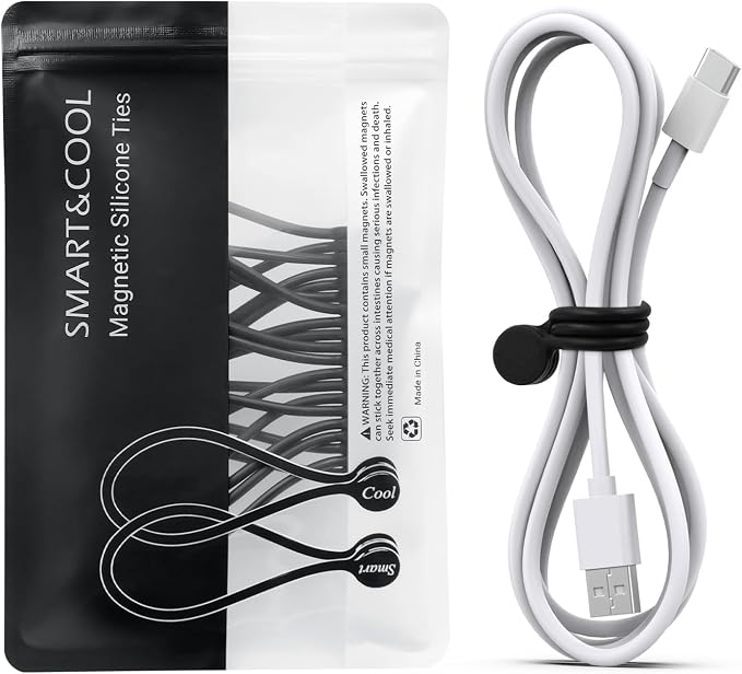 SMART&COOL Reusable Silicone Magnetic Cable Ties for Bundling and Organizing, Holding Stuff, Book Markers, Fridge Magnets, Assorted Color, 7.16'' (10-Pack, Black) | For Bundling and Organizing, Holding Stuff, Book Markers, Fridge Magnets
