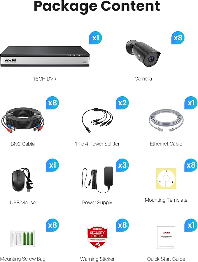 ZOSI 16CH 3K Lite Security Camera System with Audio, AI Human/Vehicle Detection, Night Vision, 8 x 1080P Metal Weatherproof Wired Cameras, 16 Channel Surveillance DVR for 24/7 Recording (NO HDD)