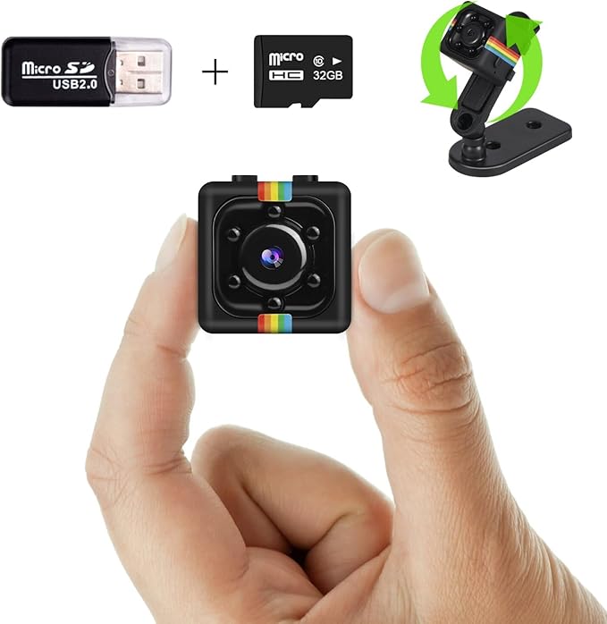 No WiFi Security Camera, 1080P Mini Spy Camera, Built-in 32GB TF Card,Photoshoot, 360° Rotating Bracket, Night Vision, Mini Cameras for Cycling, Travel Indoor Outdoor Security(Black)