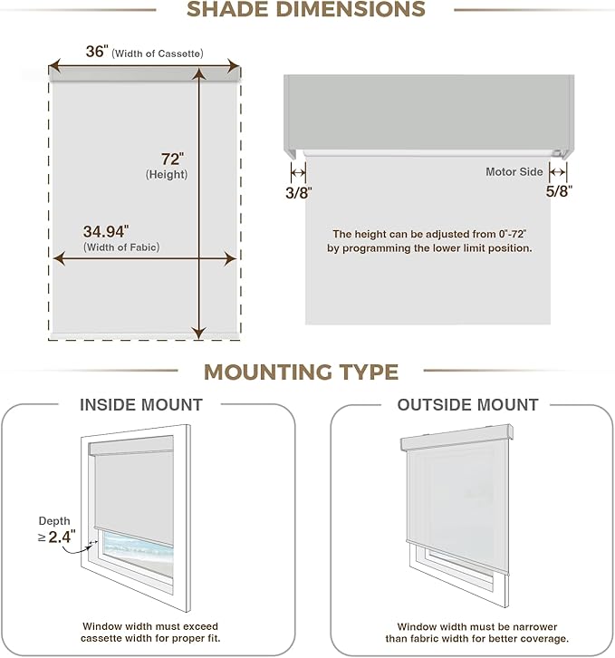 HeyBlinds Blackout Motorized Smart Blinds with Remote, Automatic Electric Shades for Windows (Moon Bay- White BO, 36" W x 72" H)