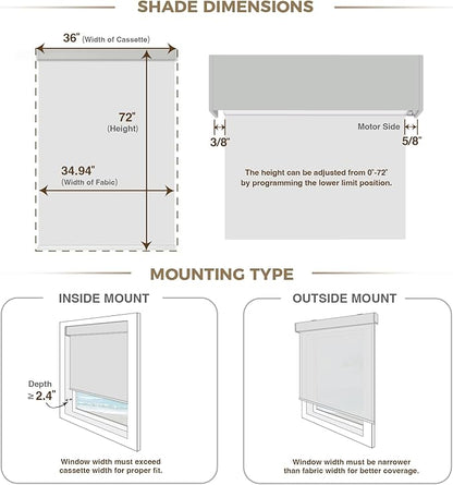 HeyBlinds Blackout Motorized Smart Blinds with Remote, Automatic Electric Shades for Windows (Moon Bay- White BO, 36" W x 72" H)