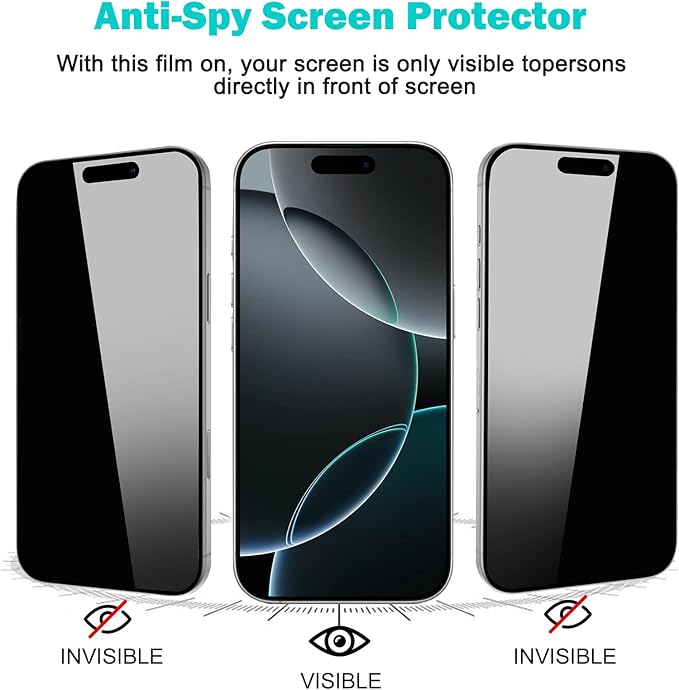 PEHAEL 3+3 Pack for iPhone 16 Pro Privacy Screen Protector with Camera Lens Protector Full Coverage Anti-Spy Tempered Glass Film 9H Hardness Easy Installation Bubble Free [6.3 inch]