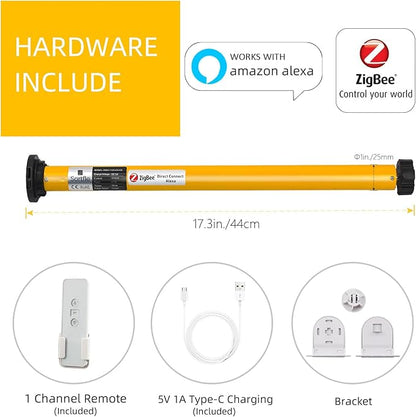 Smart Blinds Motor: AM25 Zigbee Roller Shade Motor with Rechargeable Battery for 1.5" (38mm) Roller Blinds Tube, Directly Connects to Amazon Echo, No Hub Required – Upgraded Motorized Blind