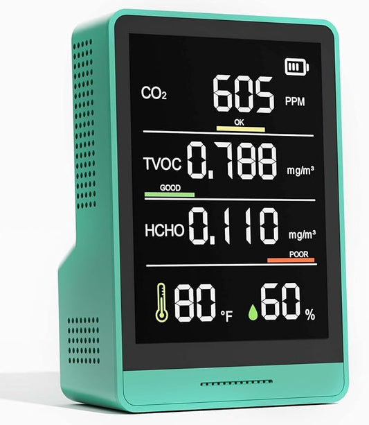 5-in-1 Professional Indoor Air Quality Monitor Indoor Portable CO2 Monitor | Temperature | Formaldehyde Detector | Humidity TVOC | Air Quality Tester - Confined Space Clean Air Monitor (Grass Green)
