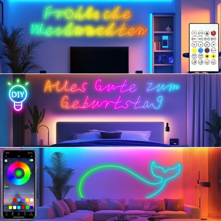 Cozylady ozylady RGB Neon Light LED Rope Light (6M/20Ft) 6M RGB Neon LED Rope Light,20ft Waterproof Bluetooth APP Remote Control Music Sync Strip,24V Flexible DIY Silicone Light for Bedroom Home