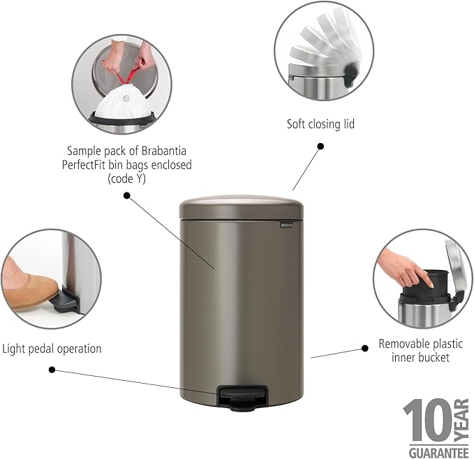 Brabantia Step-On Trash Can | Platinum | 5.3 Gallon / 20L | Bathroom, Bedroom, Office Trash Can with Light Pedal Opening, Handle & Removable Inner Bucket | 11.4 x 15 x 18.4 | + Trash Bags