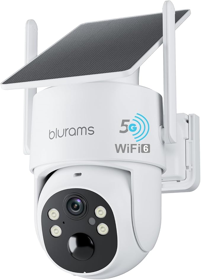 blurams 4MP Security Cameras Wireless Outdoor, 100% Wire-Free Pan/Tilt Outdoor Camera with Fixed Solar Panel, 360° View, Dual-Band WiFi 6, Human Detection, IR/Color Night Vision, Work with Alexa