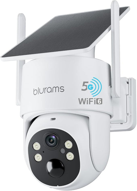 blurams 4MP Security Cameras Wireless Outdoor, 100% Wire-Free Pan/Tilt Outdoor Camera with Fixed Solar Panel, 360° View, Dual-Band WiFi 6, Human Detection, IR/Color Night Vision, Work with Alexa