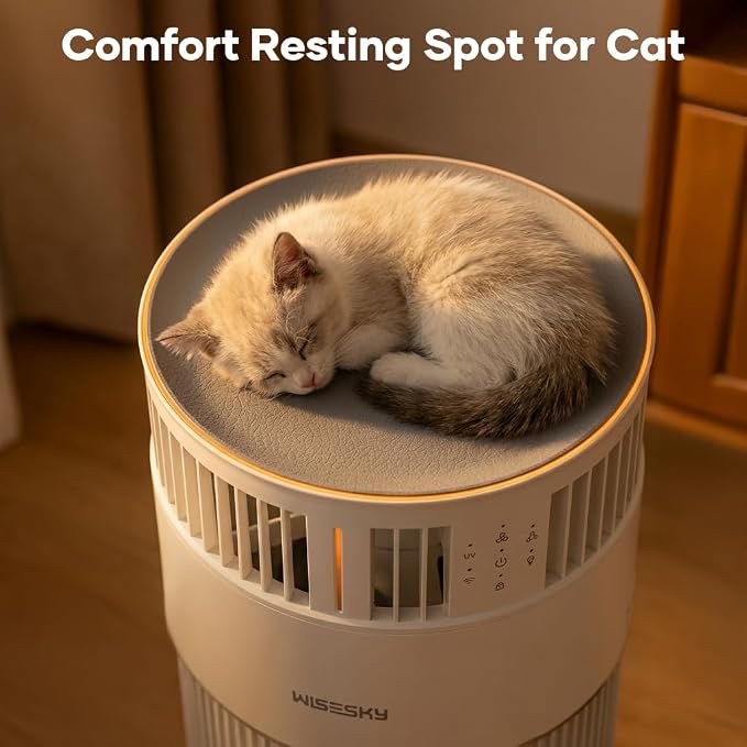 WISESKY Cat Air Purifier for Large Rooms, 5-Stage HEPA Air Cleaner for Cat Hair, Dander & Odors, 360° Air Intake, Quiet Operation, Bite-Resistant Cord & Tip-Over Protection, Smart App Control