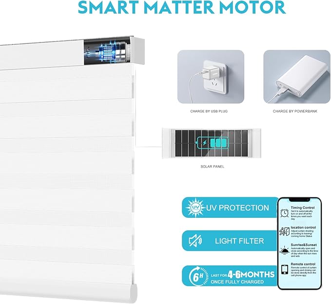 Motorized Zebra Blinds with Remote, Work with HomeKit Alexa, Smart Light Filtering Horizontal Automatic Electric Window Shades for Home Office Customsize(50% Blackout Drumbeat White)