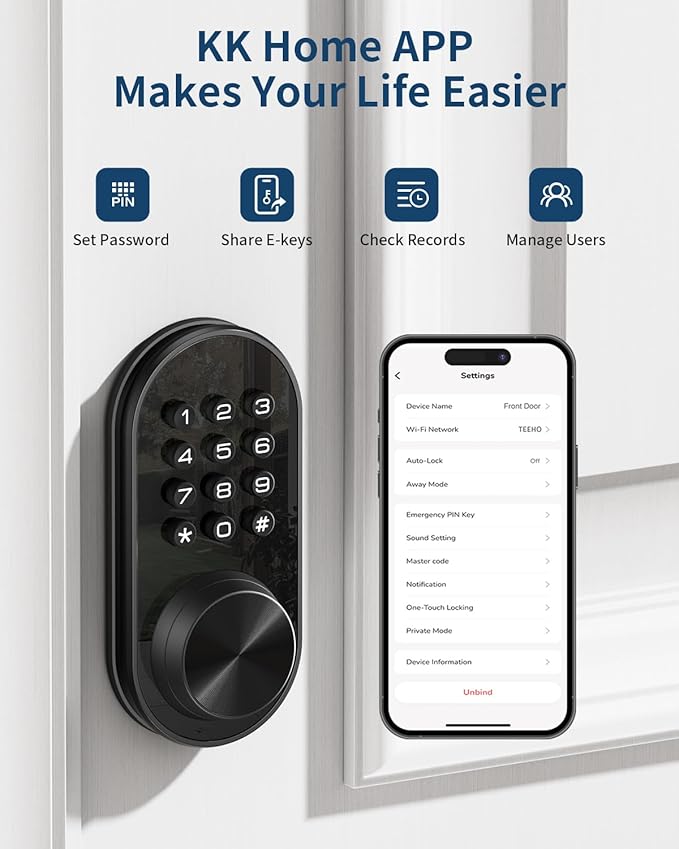 TEEHO TE341 Smart Keyless Entry Door Lock with App Control, Digital Keypad Bluetooth Electronic Deadbolt with Auto Lock, Easy Installation - Black