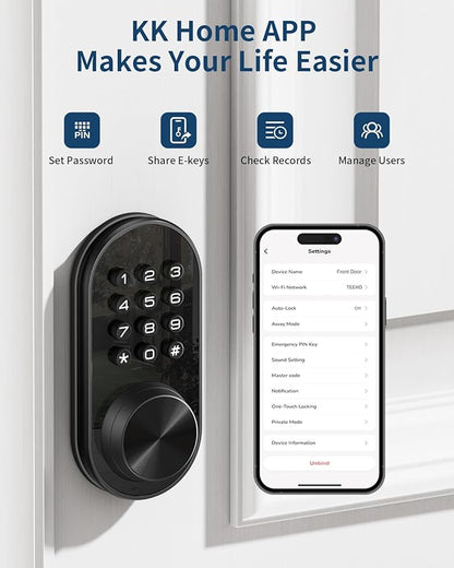 TEEHO TE341 Smart Keyless Entry Door Lock with App Control, Digital Keypad Bluetooth Electronic Deadbolt with Auto Lock, Easy Installation - Black