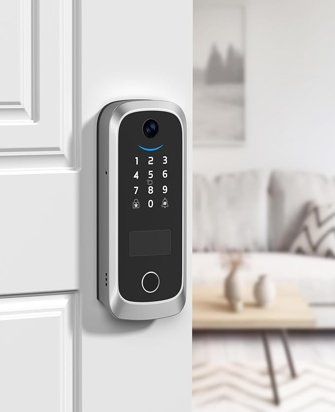 Video Smart Lock with Camera, Built-in Rechargeable Lithium Battery Entry Keyless Door Lock, App Control, Fingerprint ID, IC Card, Keypad Code, Auto Lock for Front Door (Silver)