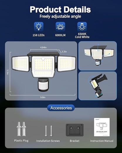 6000LM Solar Lights Outdoor, 4 Heads Motion Sensor Outdoor Lights, Solar Flood Lights for Yard House Outside Garage, IP65 Waterproof, 3 Modes, Easy Install, 2 Pack
