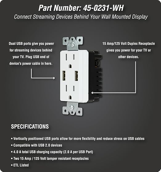DATA COMM Electronics 45-0231-WH USB Recessed Media Outlet Box, In-Wall Cable Management, Duplex Receptacle,4.0 Amp Dual USB Ports, Large Cable Pass-Through, Design for Thin Mounts & TV, White
