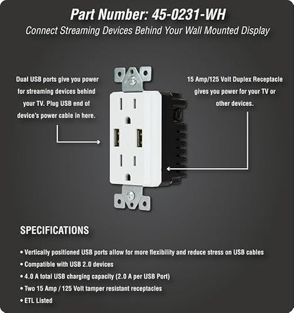 DATA COMM Electronics 45-0231-WH USB Recessed Media Outlet Box, In-Wall Cable Management, Duplex Receptacle,4.0 Amp Dual USB Ports, Large Cable Pass-Through, Design for Thin Mounts & TV, White