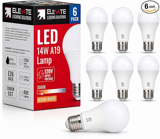 (6 Pack) Elevate LED A19 Light Bulbs, 14W (100W Equivalent), 3000K Warm White, E26 Base, Energy-Efficient Replacement for Lamps, Ceiling Fixtures, Residential & Commercial Use