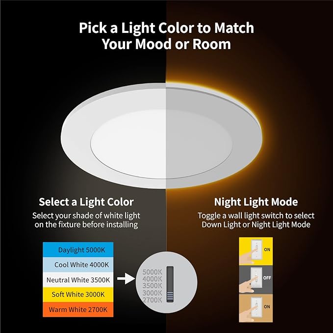 Meconard 12 Pack 6 Inch 5CCT LED Canless Recessed Lighting with Night Light, 2700K/3000K/3500K/4000K/5000K Selectable Ultra-Thin LED Ceiling Lights, 12W=110W, 1050LM, Dimmable Wafer Downlight ETL&FCC