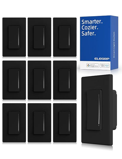 ELEGRP Smart Dimmer Light Switch DTR10, Single Pole Setup, 2.4GHz Wi-Fi Touch Dimmer Compatible with Alexa/Google Assistant, Needs Neutral Wire, No Hub Required, UL Listed, Matte Black, 10 Pack