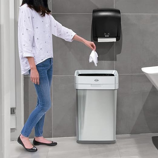 Clorox 13 Gallon Trash Can - 50L Slim Open Top Garbage Bin for Commercial Spaces, Kitchen, Office - Narrow Rectangular Stainless Steel Body with Hinged Rim Protection