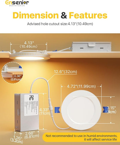 Ensenior 12 Pack 4 Inch LED Recessed Ceiling Light with Night Light, Dimmable, 2700K-5000K 5CCT, 750LM 9W 120V, High Brightness Canless Wafer Downlight - FCC
