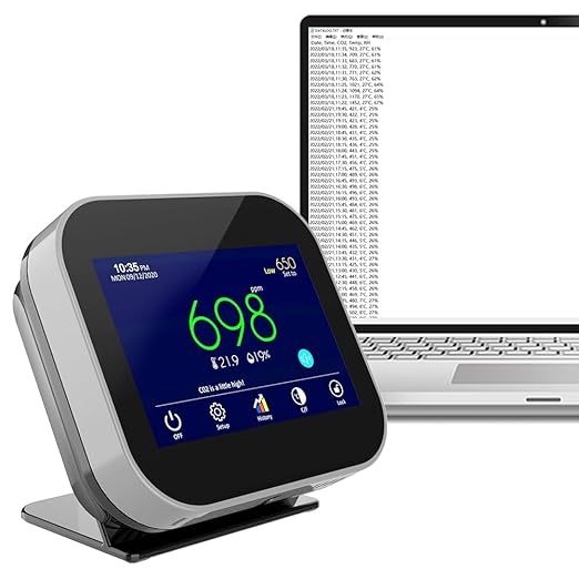GZAIR CO2 Air Quality Monitor with Data Logger, Dual-Channel NDIR Sensor, Tabletop CO2 Meter with Data Export, Temperature and Humidity, 0–5000 ppm Range, Touch Screen Display