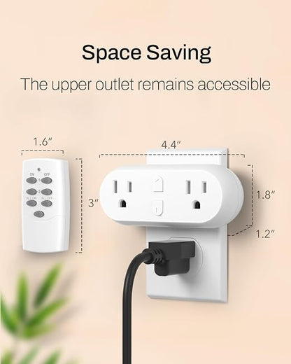 HBN Wireless Remote Control Outlet with 2 Individual Switch Control, Compact Design Sockets Plug Up to 100ft Remote Range, Battery Included, 15A/1875W, ETL Certified
