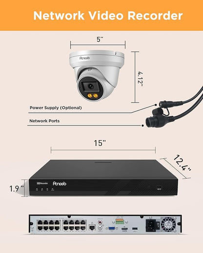 16 Channel Security Camera System, 12x 5MP Wired IP PoE Dome Camera w/Smart Spotlight Color Night Vision, AI Human Detection, Built-in Mic, Remote Access, 4K 16CH NVR 4TB HDD, PD93BA1216-5MD