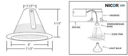 NICOR Lighting 6 inch White Airtight Recessed Cone Baffle Trim, Fits 6 inch Housings (17550A)